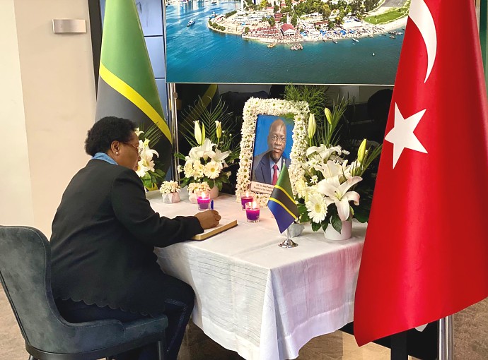 H.E the Ambassador of the United Republic of Tanzania in Turkey Pro. Elizabeth Kiondo signing the book of condolences at the Embassy.