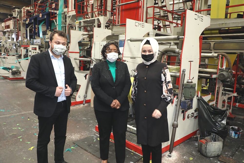 Ambassador Kiondo along with the Director of Adanus Plastic Factory Mr. Gok and Musiad Board Member when visited the factory.